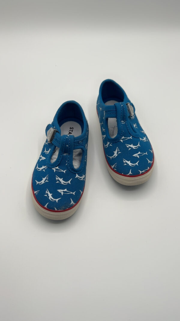 Blue Shark print T-bar buckle canvas kids shoe - Image 3