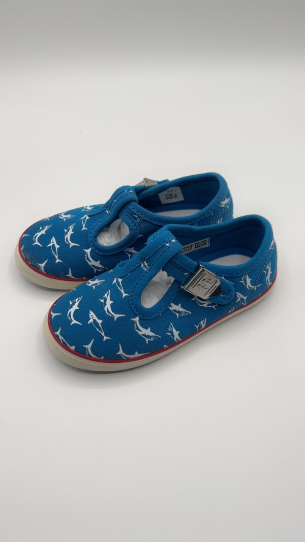 Blue Shark print T-bar buckle canvas kids shoe